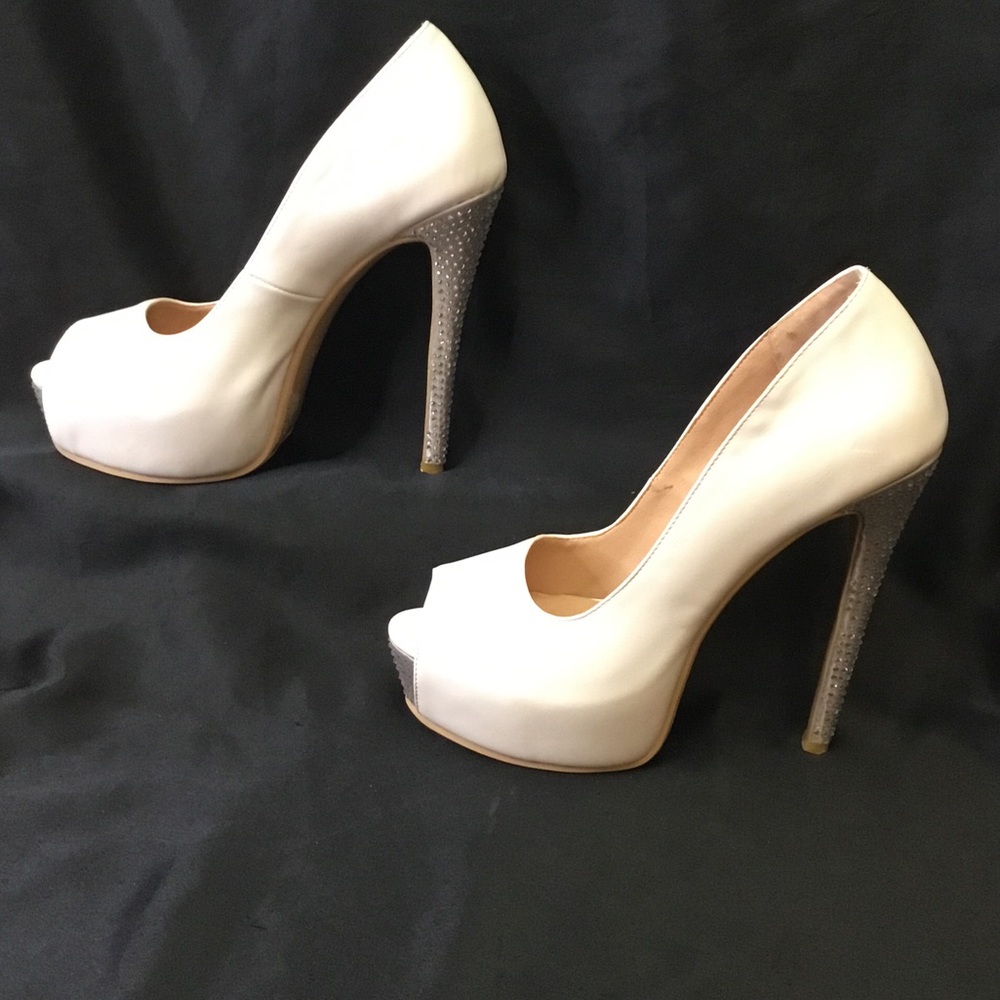 Ivory Peep-Toe Platform Pumps with Rhinestone Heel